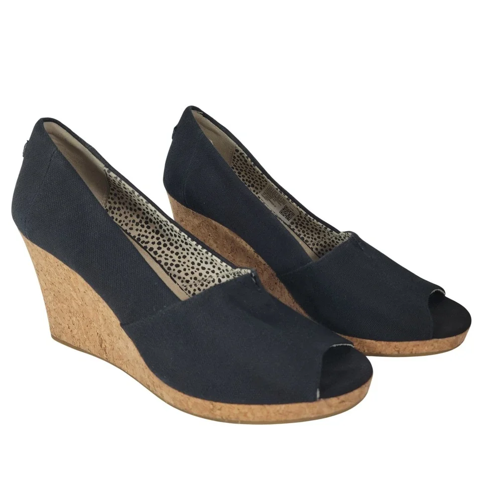 TOMS Canvas Cork Wedge Women 8.5 Black Peep Toe Platform Sandals Boho Chic Beach